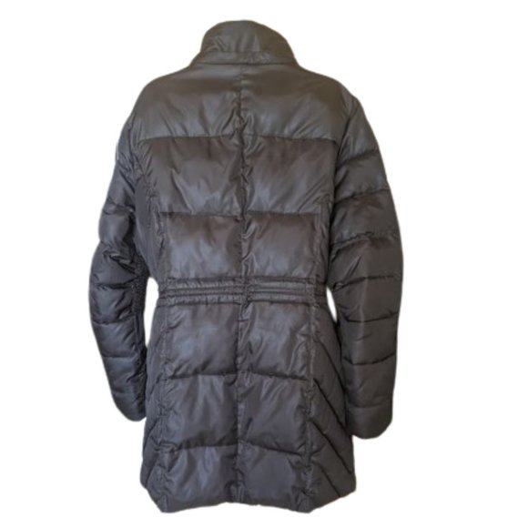 Long Hooded Dark Green Puffer Coat with Cinched Waist Size Large - Picture 9 of 11